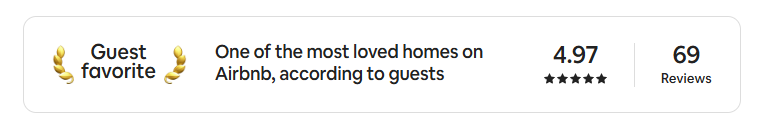 Guest favorite badge with text indicating one of the most loved homes on Airbnb, according to guests, with a 4.97-star rating from 69 reviews.