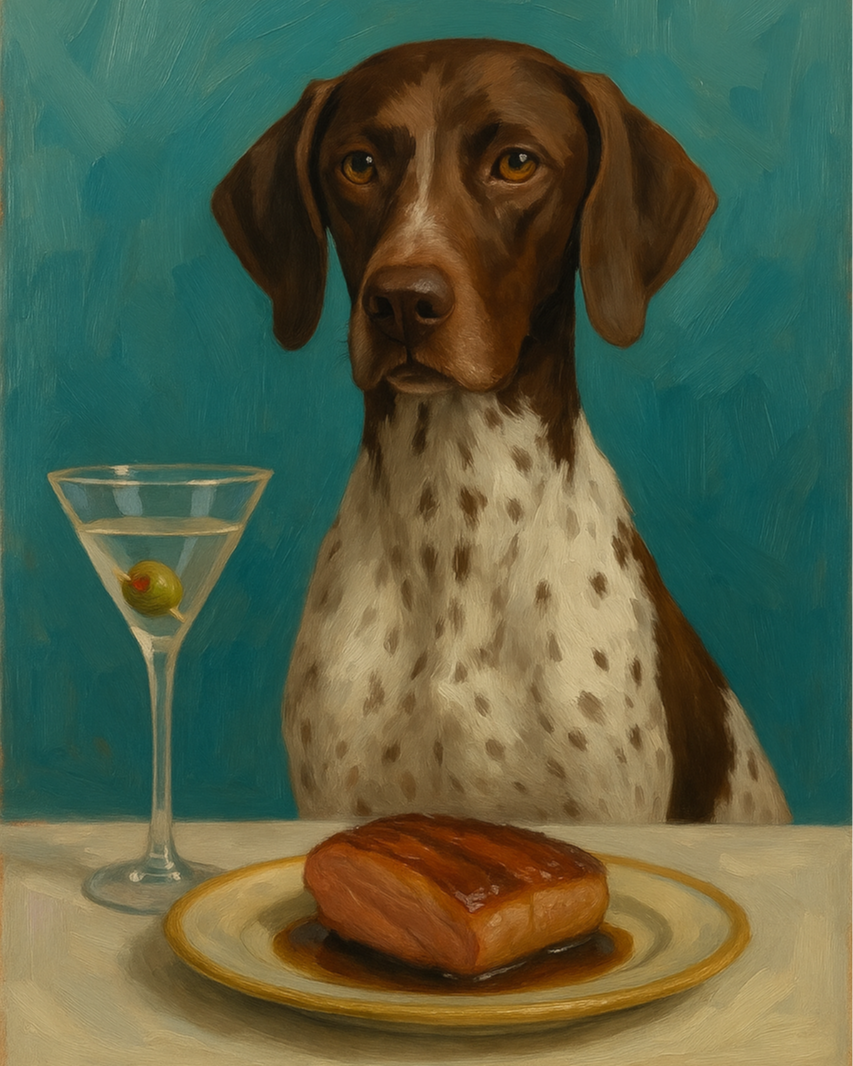 A dog with a severed head, white and brown fur, sitting at a table with a plate of cooked meat, a martini glass with an olive, and a blue background.