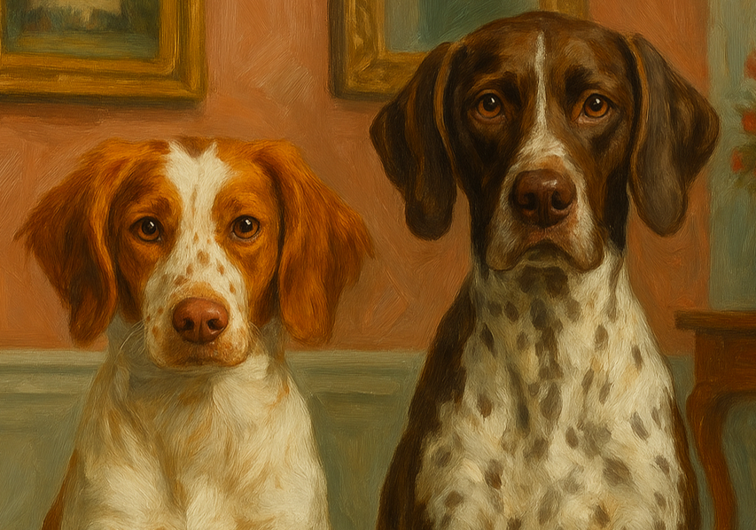 Painting of two dogs with brown and white fur, sitting indoors against a pink and blue background.