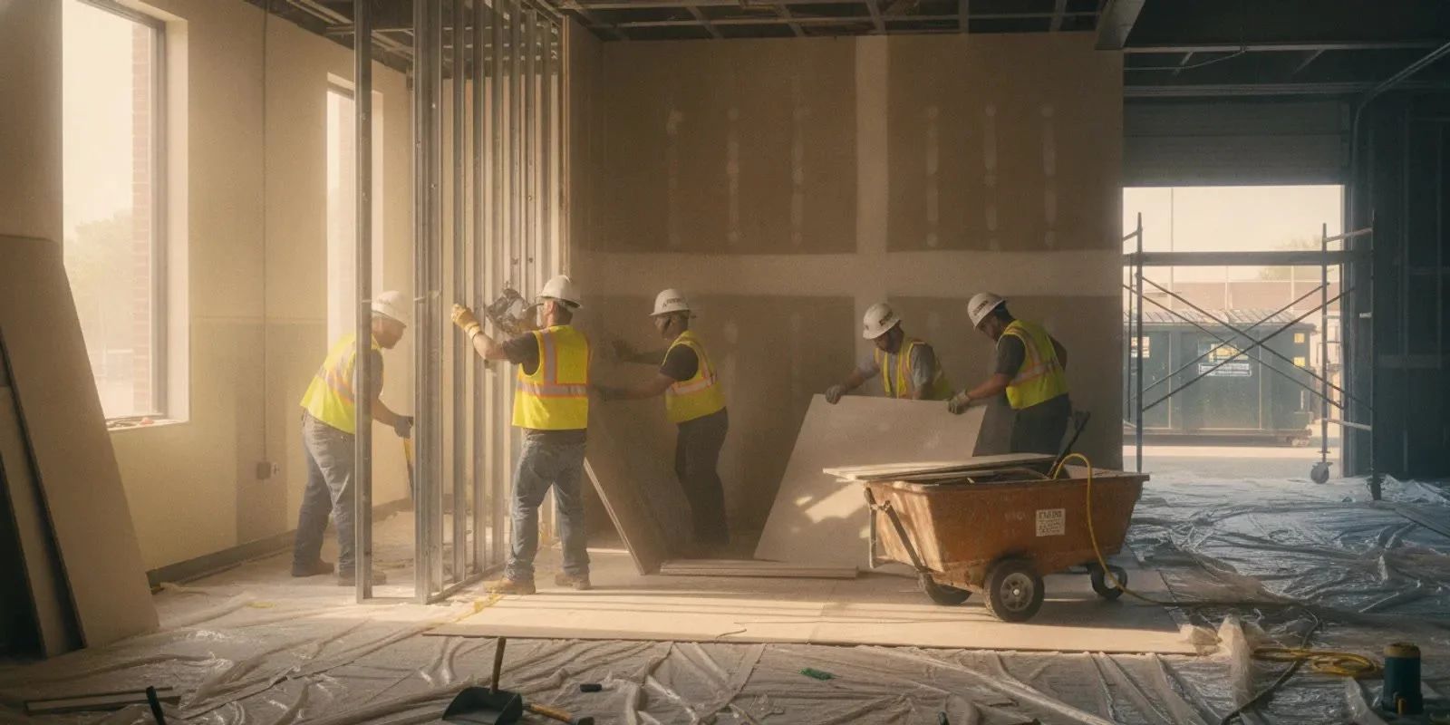 Contractor reviewing a marked selective demolition area inside a commercial building