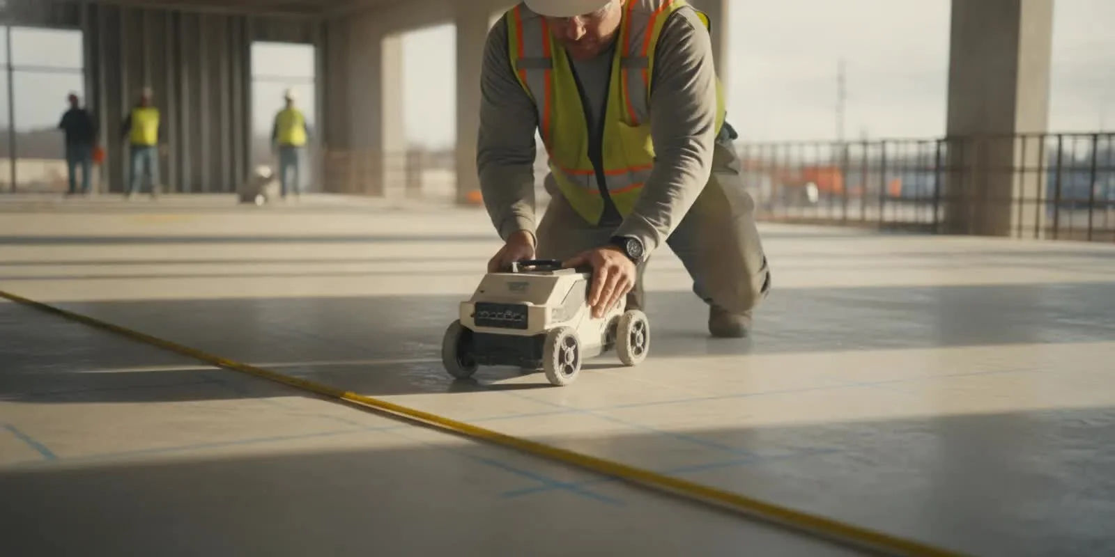 A technician using a ground-penetrating radar scanner to map reinforcement on a concrete slab before drilling