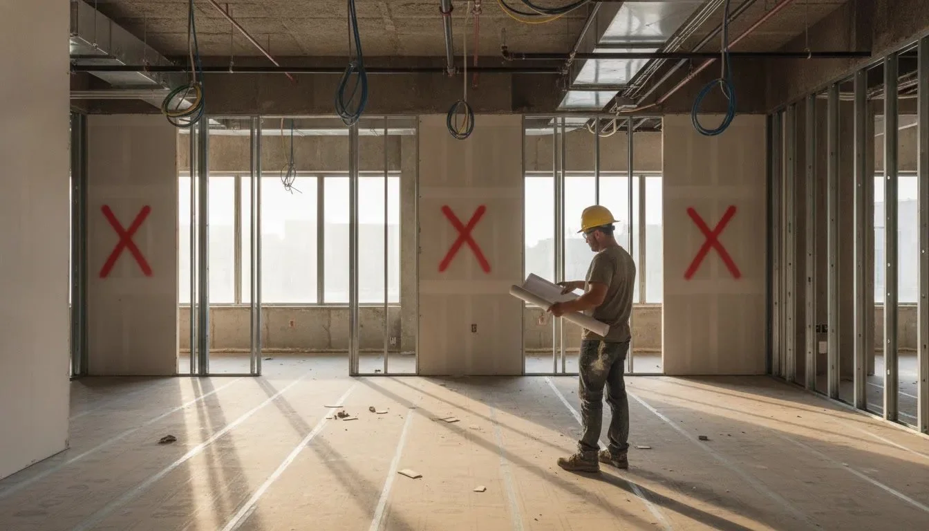 Vacant office suite with selected partitions removed and floors protected during a tenant-improvement demolition