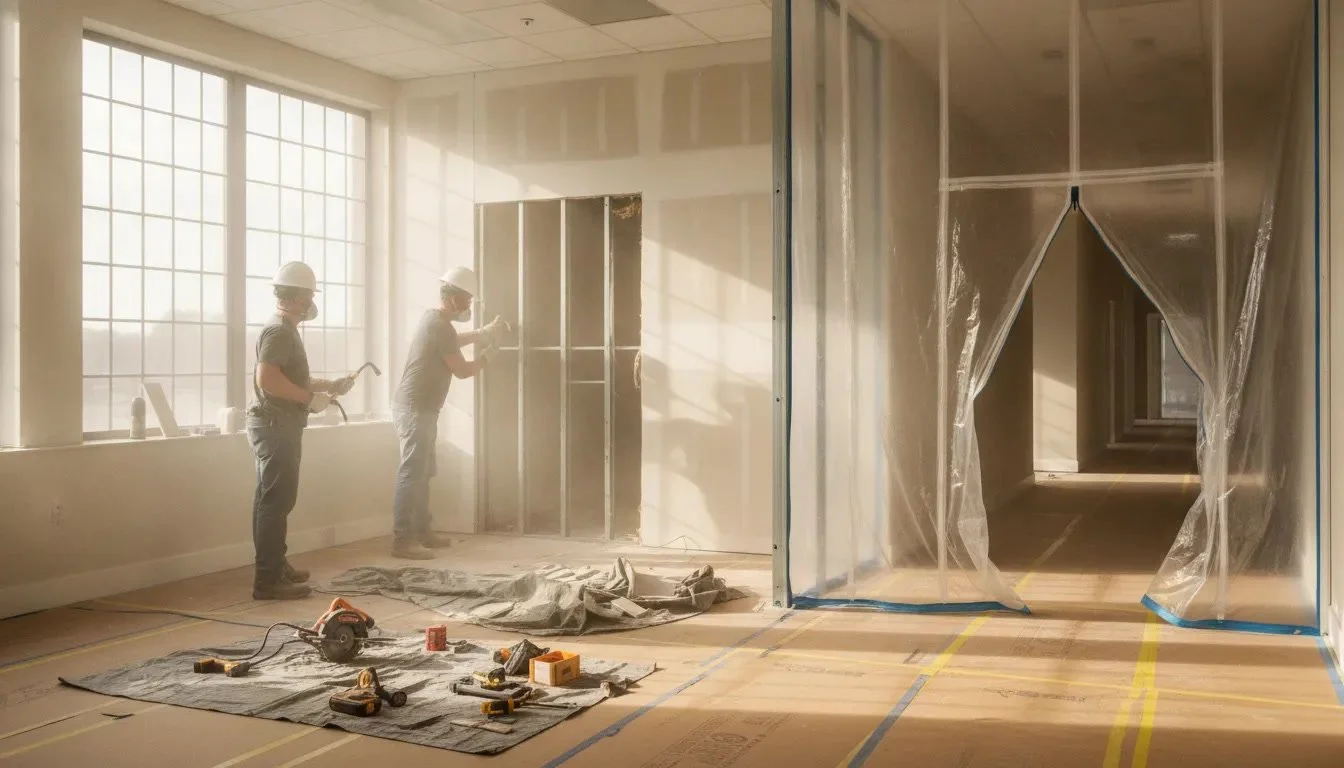 Crews removing a non-load-bearing partition beside a sealed plastic dust barrier and protected flooring in a sunlit office.