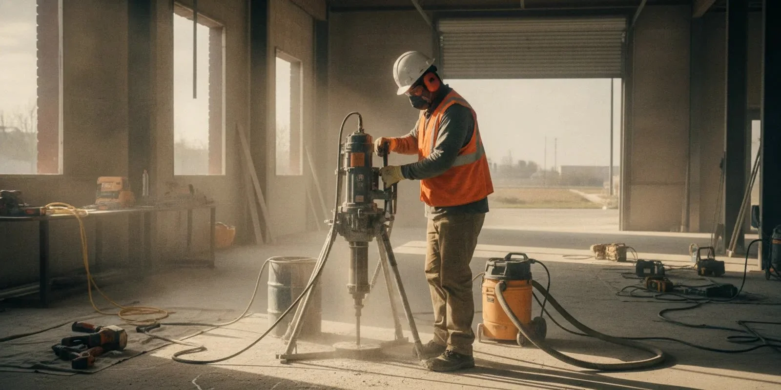 A contractor operating a core drill on a concrete slab at a Georgia construction site