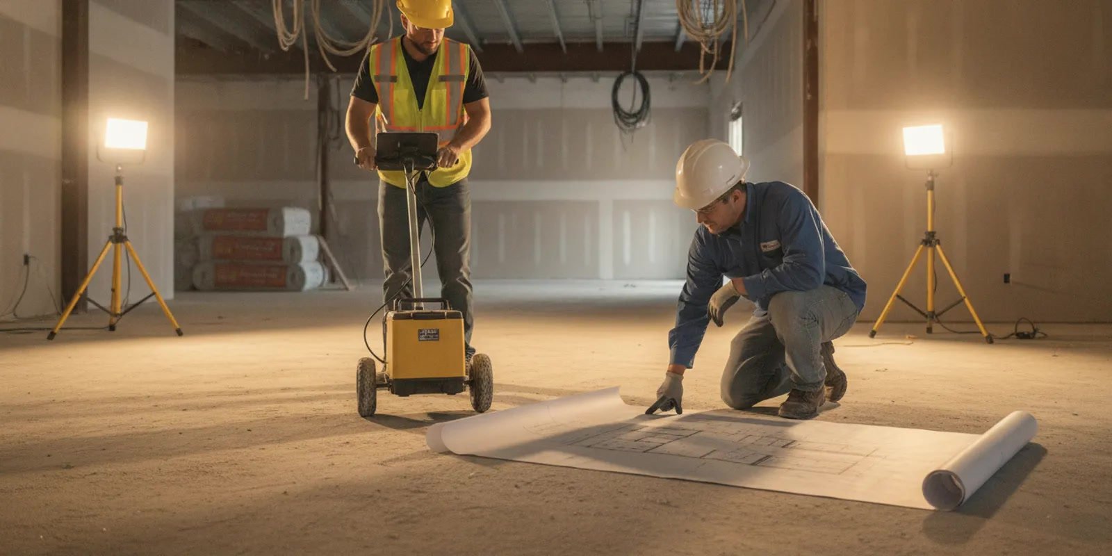 Technician scanning a marked concrete floor before a planned opening