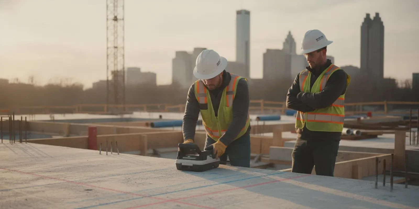 Concrete scanning technician mapping a marked concrete floor at an Atlanta construction site