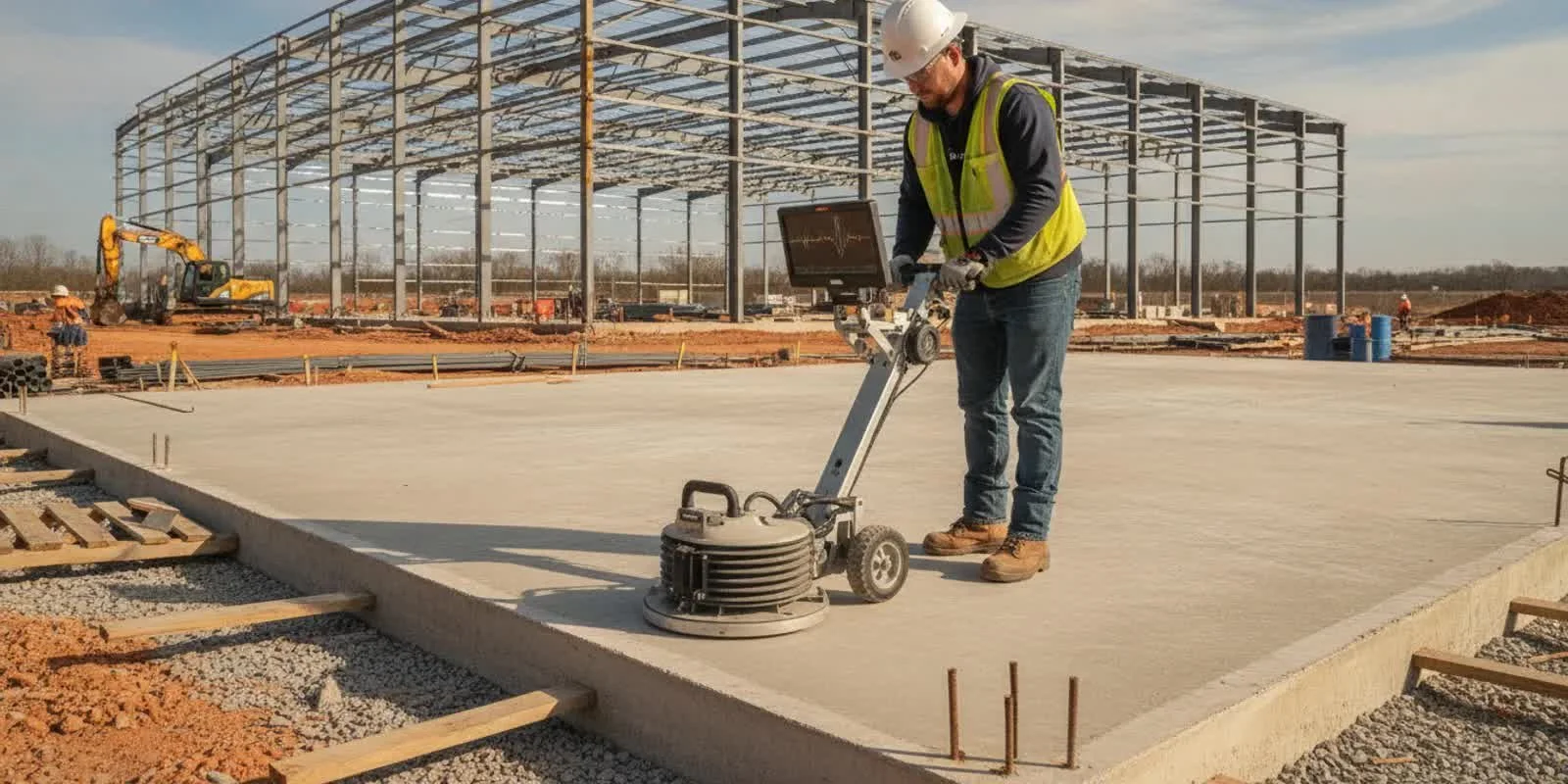 Operator guiding a ground penetrating radar scanner across a concrete slab