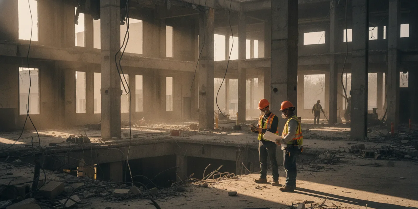 Demolition crew preparing a commercial building interior for a controlled teardown.