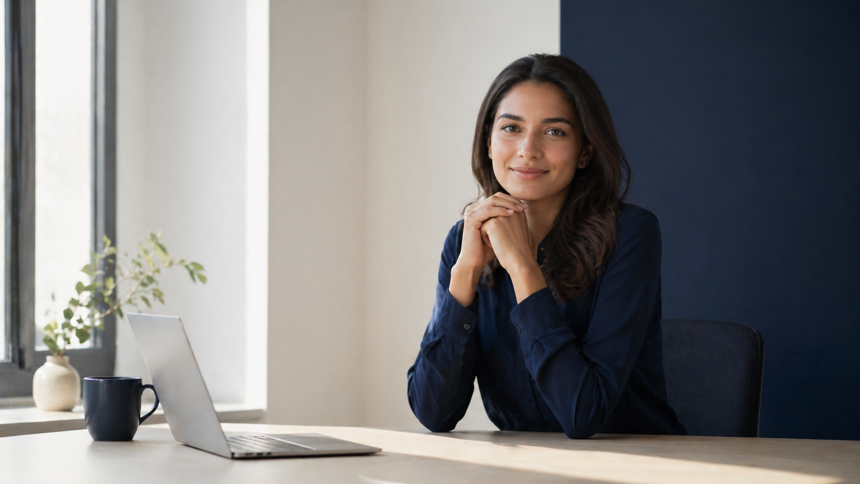 Mulher sorridente sentada na mesa com um laptop, uma caneca azul escura e uma planta na janela ao fundo.