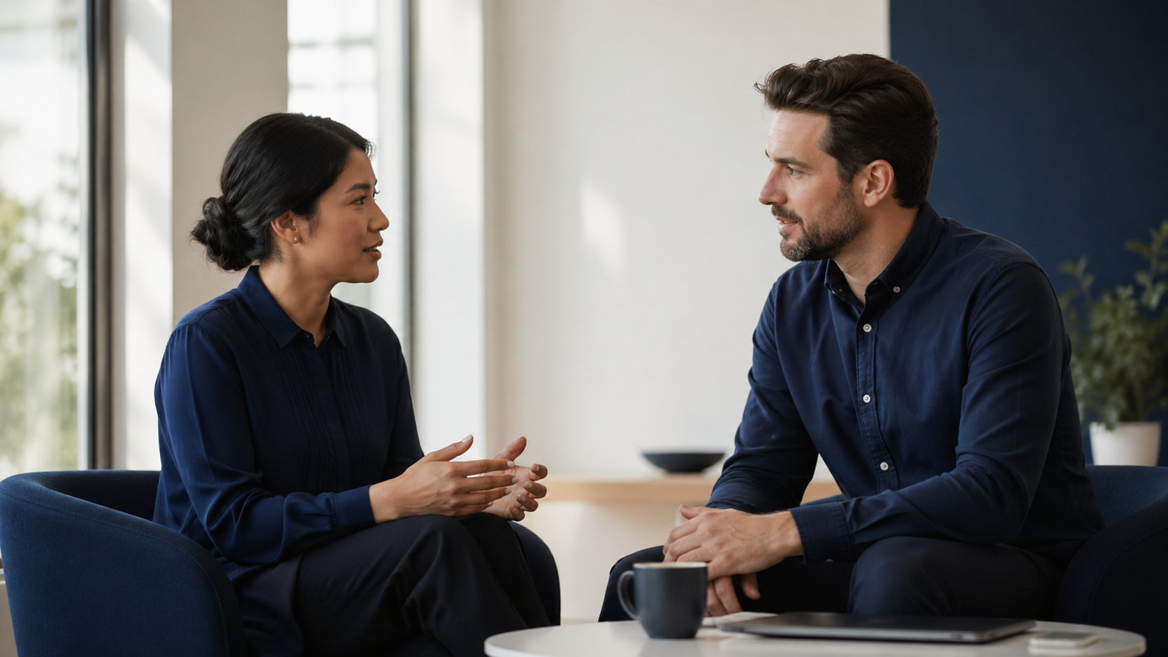 Homem e mulher em uma conversa séria em uma sala de reunião, sentados em cadeiras azuis, com uma mesa branca e uma xícara na mesa.