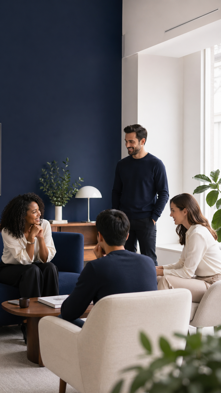 Grupo de quatro pessoas em uma sala de reuniões, conversando e sorrindo, com decoração moderna e plantas no ambiente.