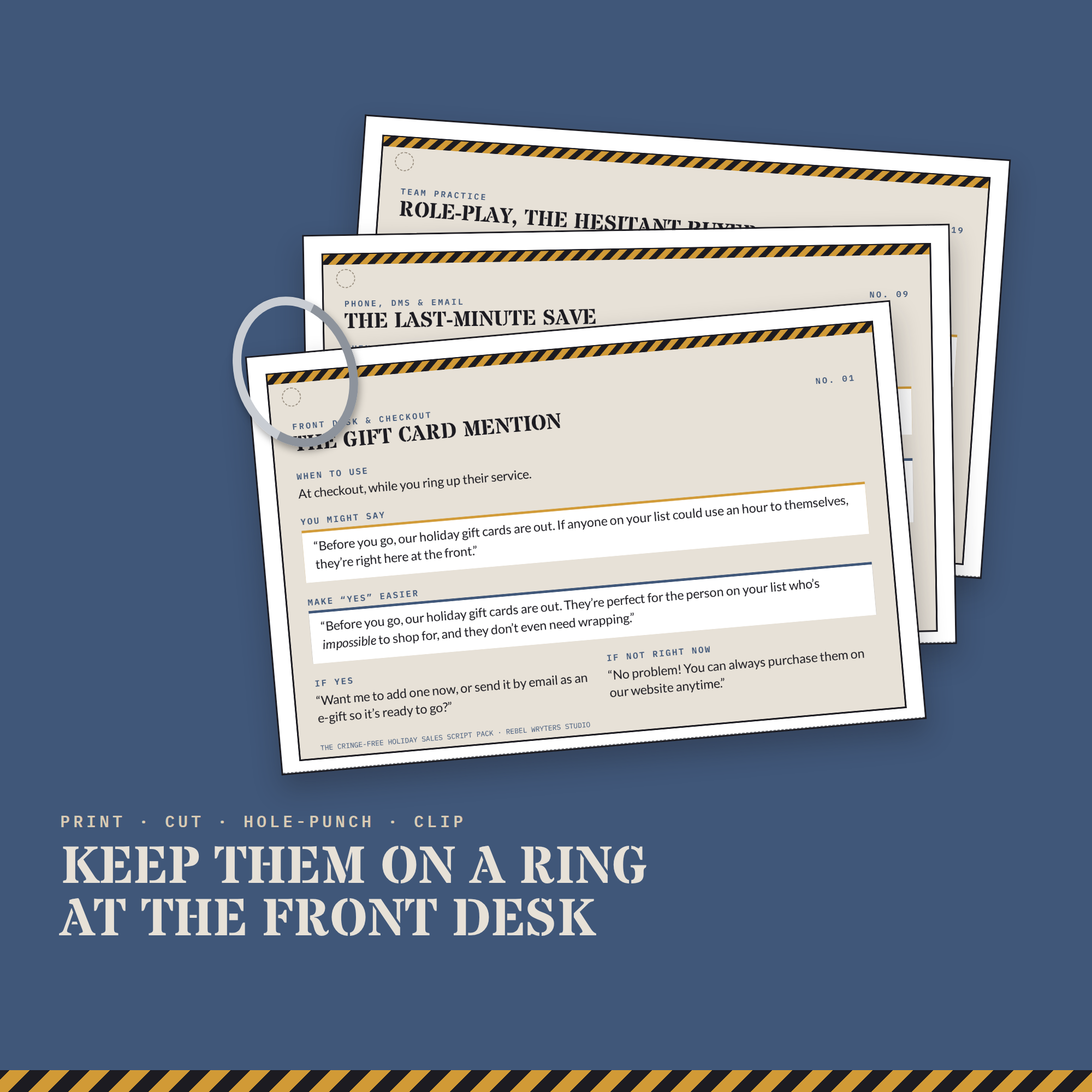 Printed script cards clipped on a ring