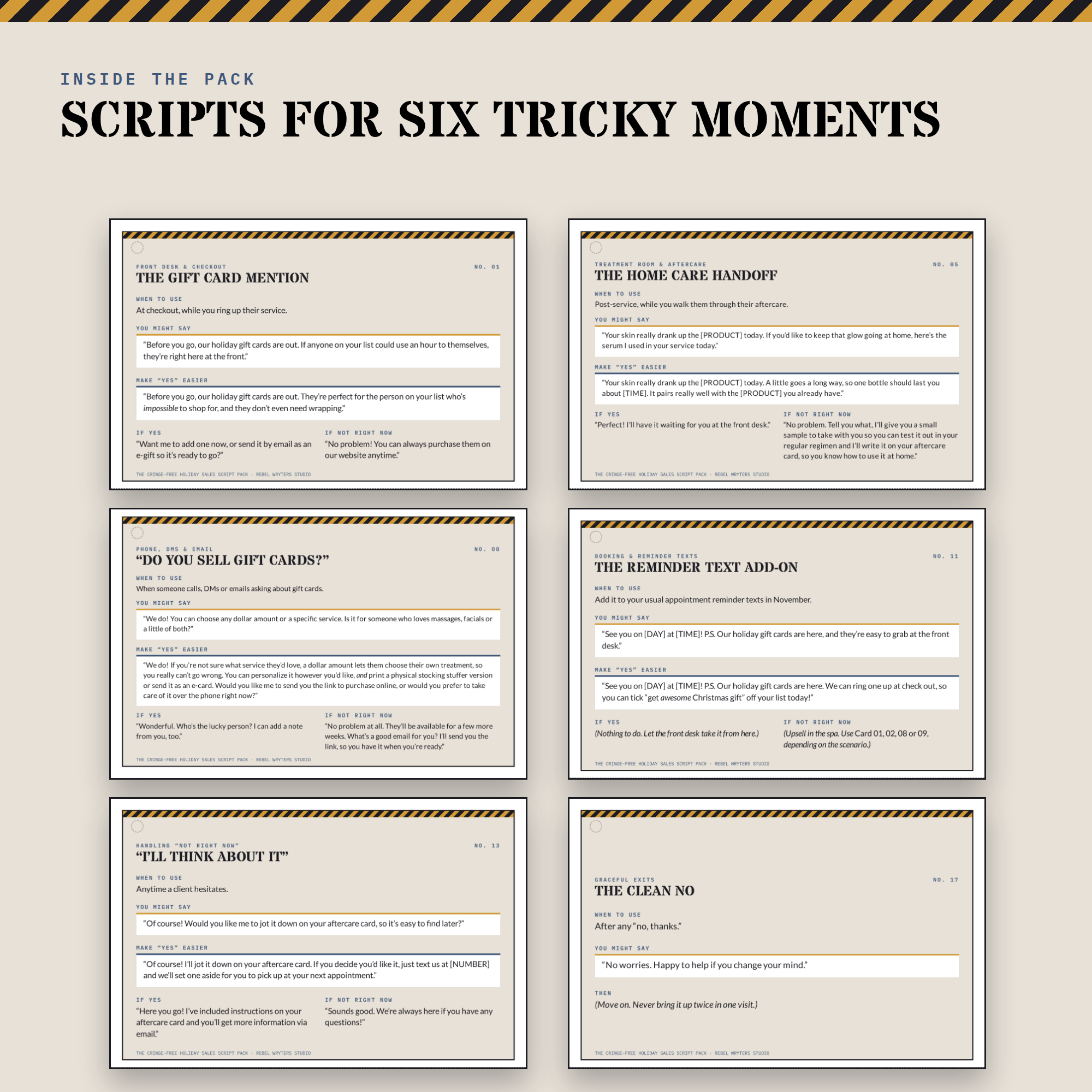 Six script cards, one for each holiday sales moment
