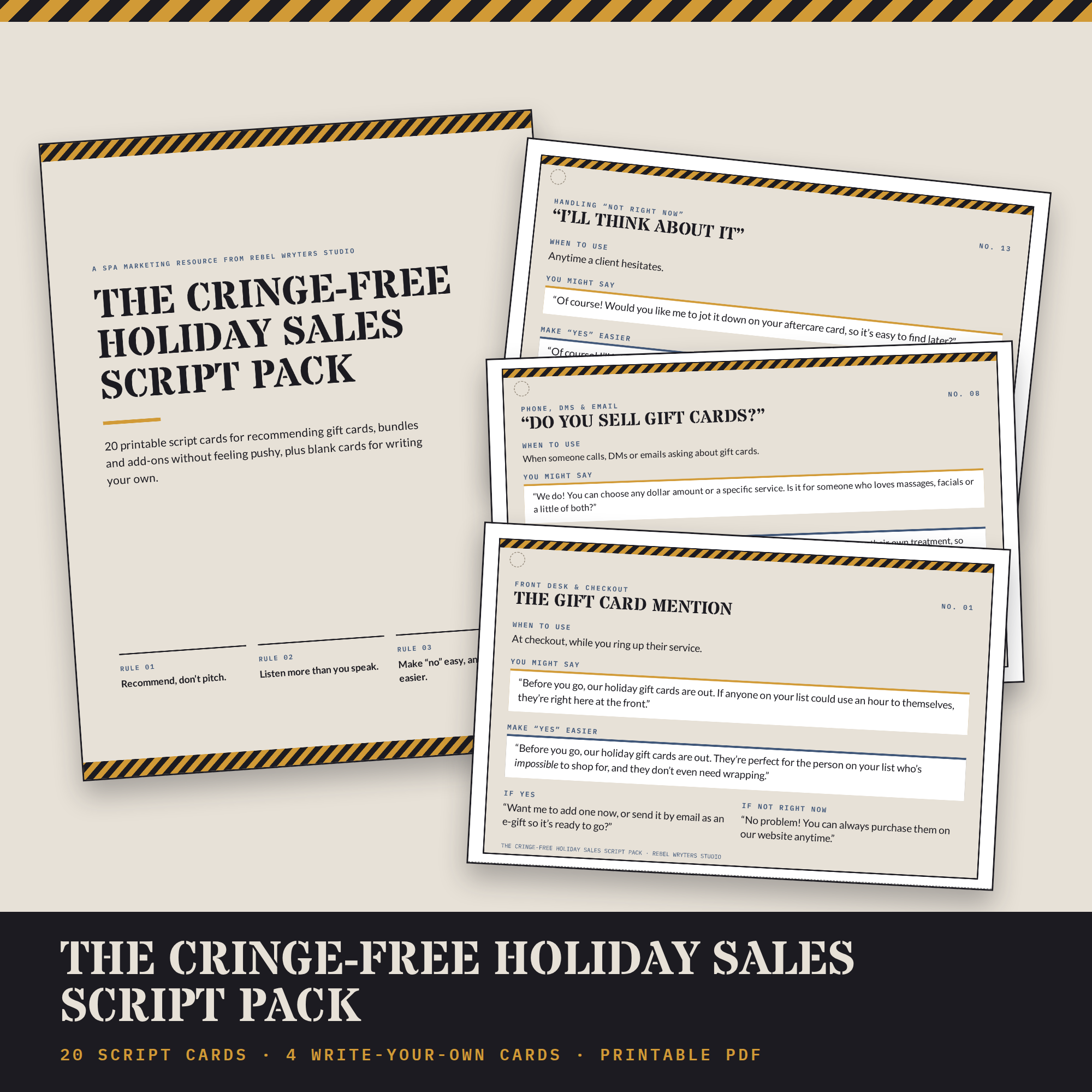Cringe-Free Holiday Sales Script Pack cover with three script cards