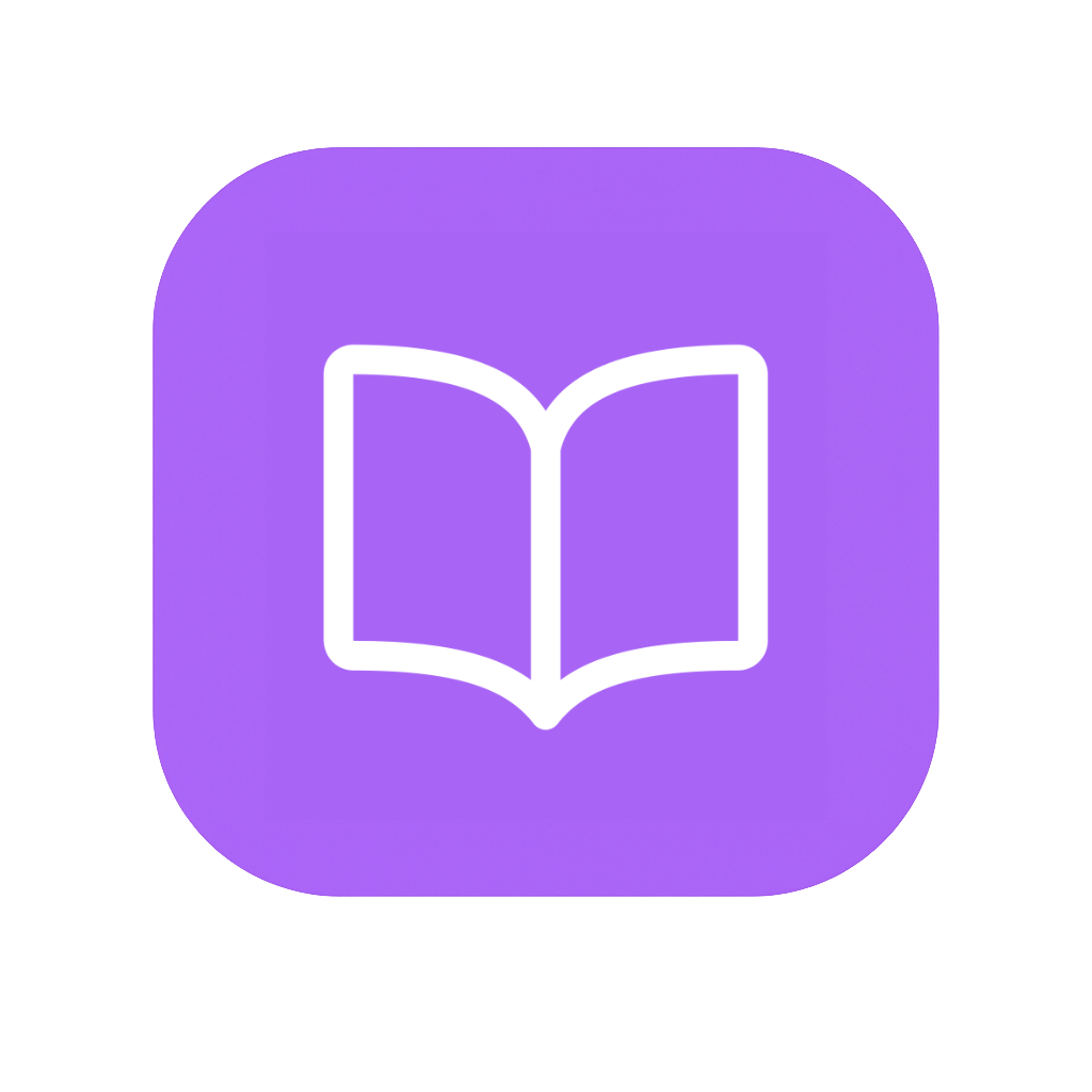 Ikon med en åben bog i hvidt på lilla baggrund.