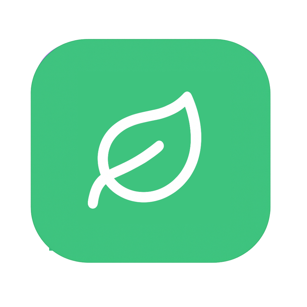 En grøn app-ikon med en hvid blad-illustration.