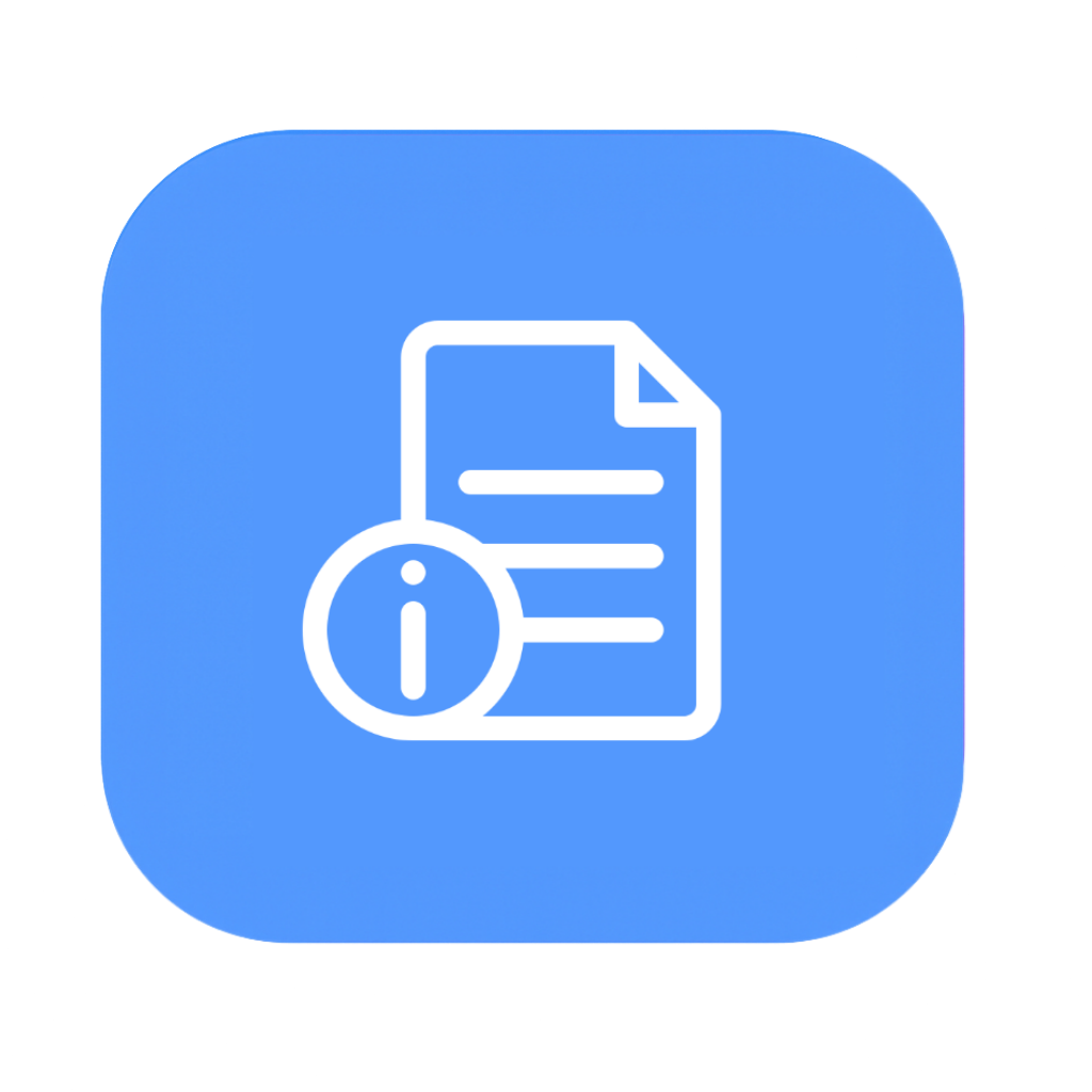 En blå app-ikon med et hvidt informationsdokument og et informationstegn.