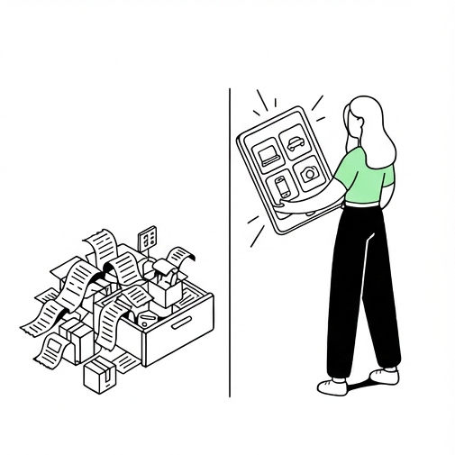 En kvinde bruger en stor smartphone med app-ikoner, mens der er en papkasse fyldt med mange papirer og dokumenter ved siden af hende.