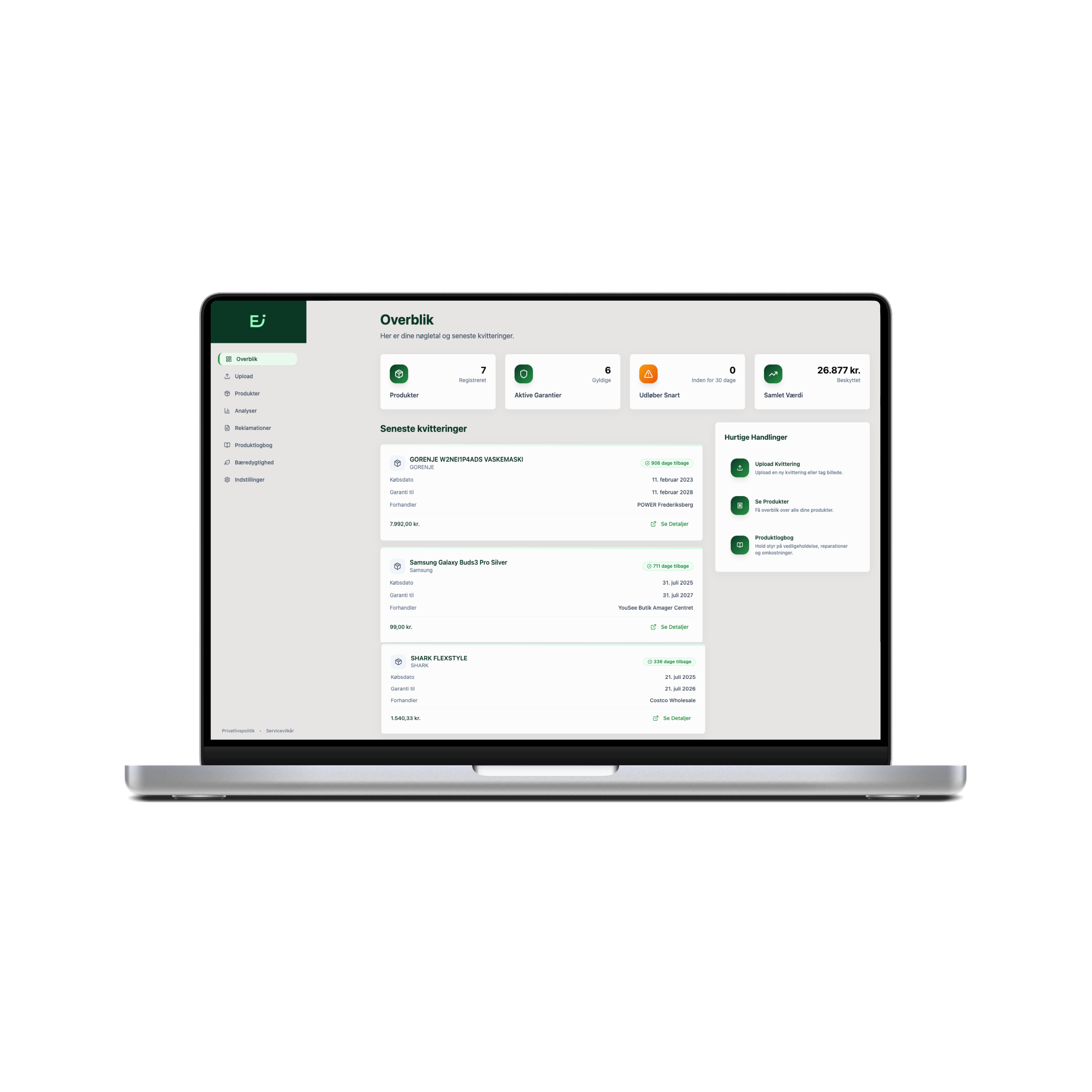 Skærmbillede af en rapportoversigt på en computer, med information om produkter, garantier, udløbne ordrer og samlet værdi, samt nylige kvitteringer og hurtige handlinger som upload af kvittering og se produkter.