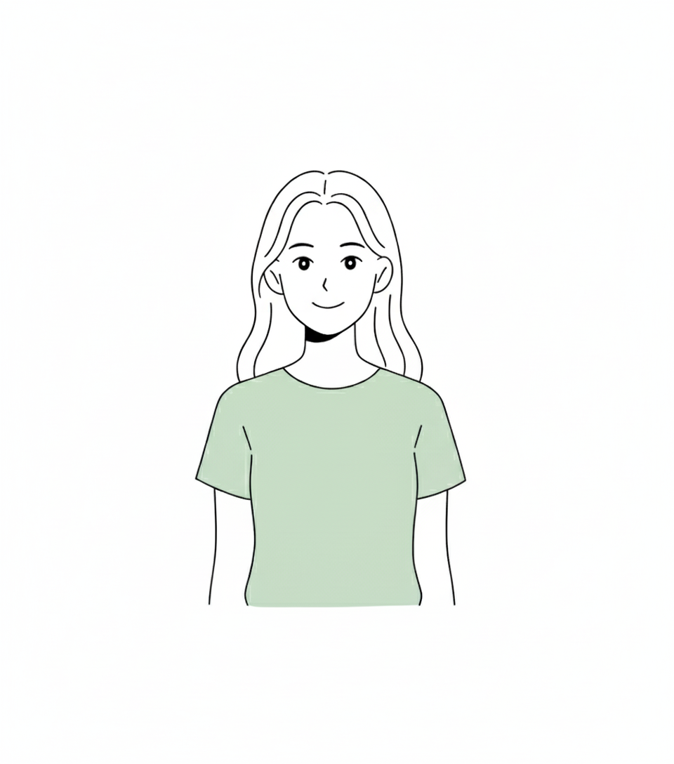 En farveligneret tegning af en smilende kvinde med langt, bølget hår, iført en grøn T-shirt.