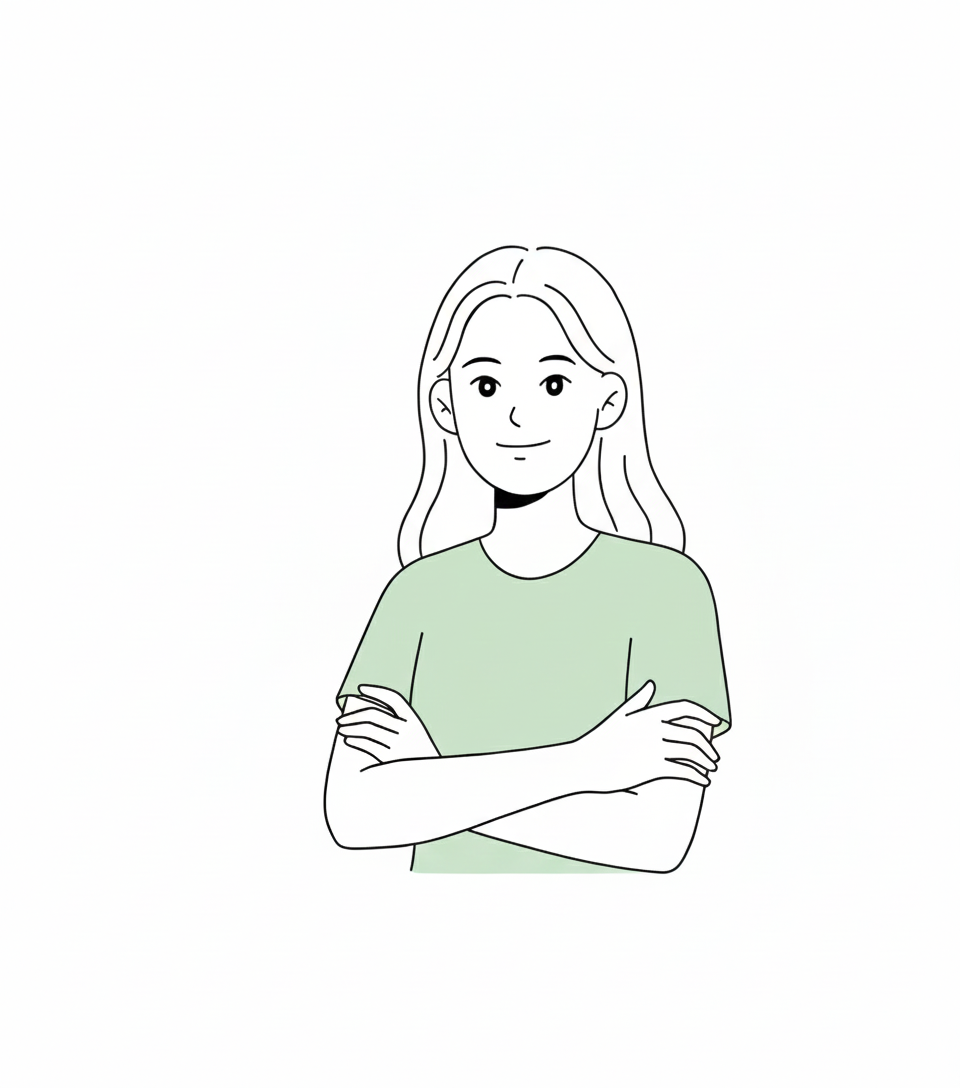 En tegning af en kvinde med korslagte arme, lyst hår og en grøn t-shirt, smilende.