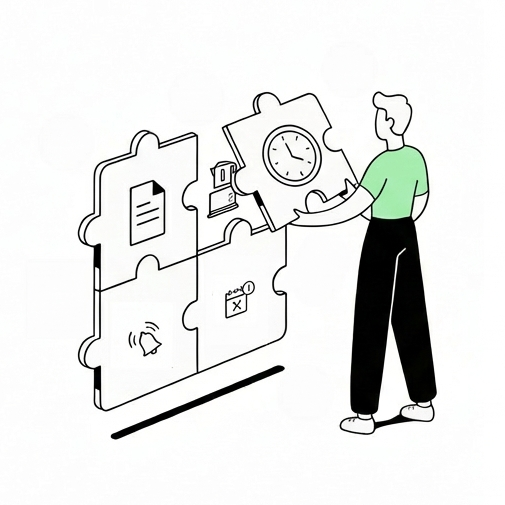 Illustration af en person, der samler puslespilsbrikker med symboler for dokumenter, klokke, mikrofon, notifikation og kalender.