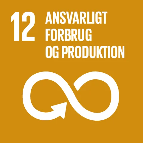 Nummer 12 med teksten "Ansvarligt forbrug og produktion" og en cirkulær pil, der danner et uendelighedstegn, på en orange baggrund.
