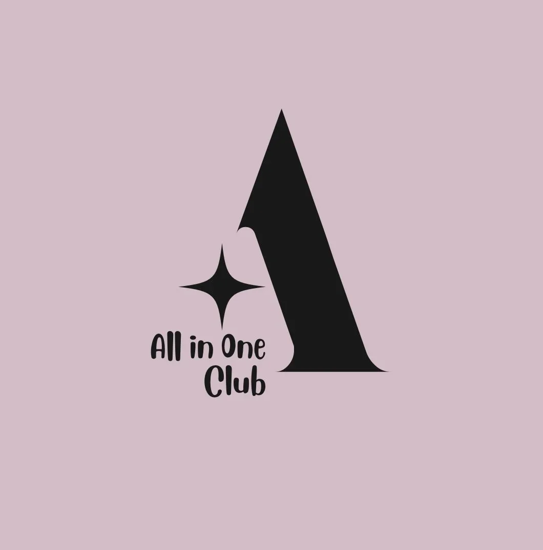 A large black number one with a star shape beside it, and the text 'All in One Club' underneath, on a light pink background.