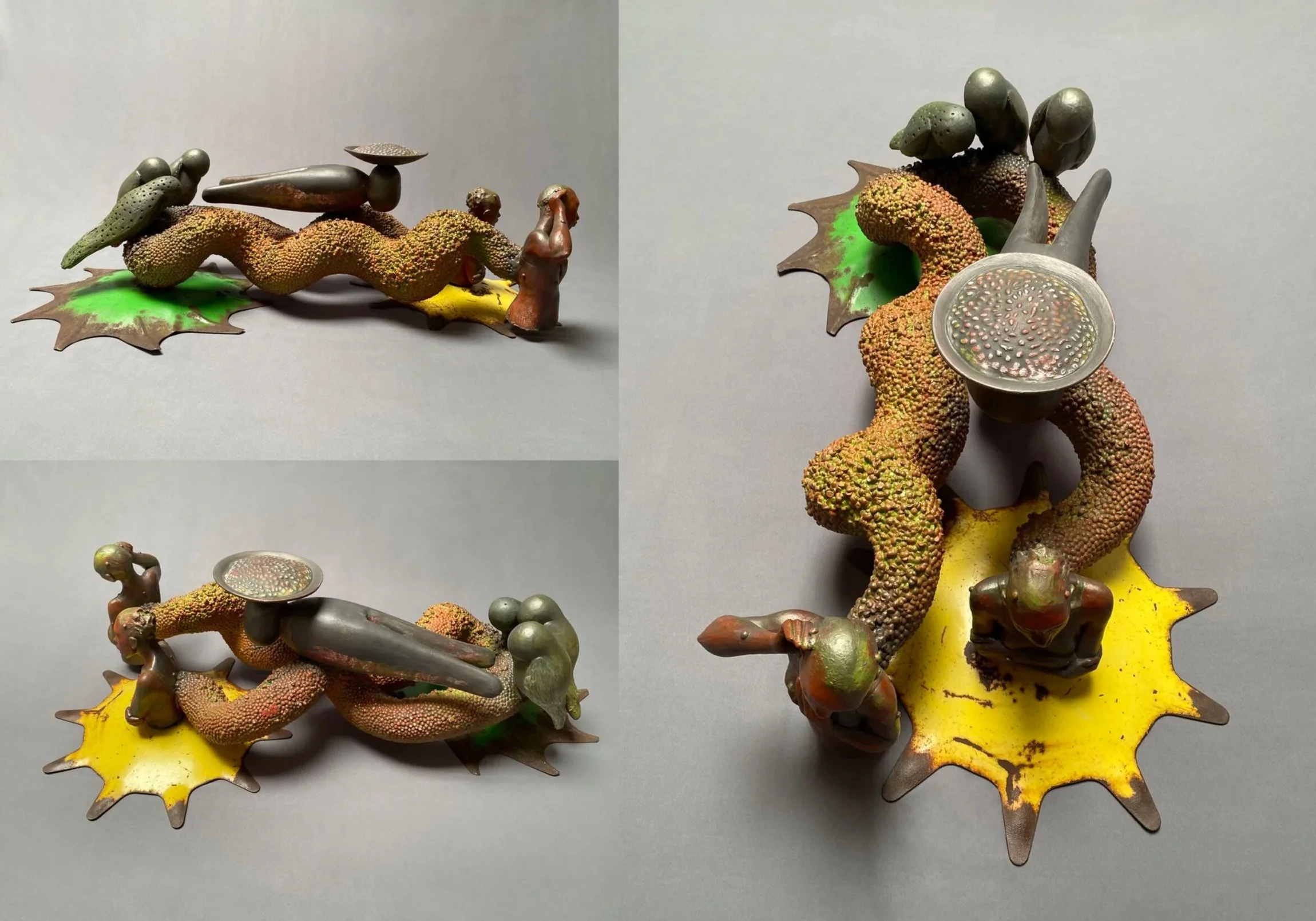  Mother Pin Transitions  14 x 48 x 22 inches, 2021 Clay, graphite, watercolor, rototiller blades