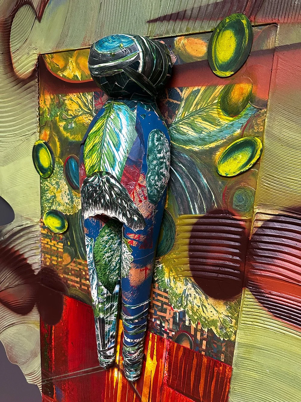  Gingko Mother Pin 3(detail)  60 x 51 x 8 inches, 2025 Aluminum, clay, lithograph, molding paste