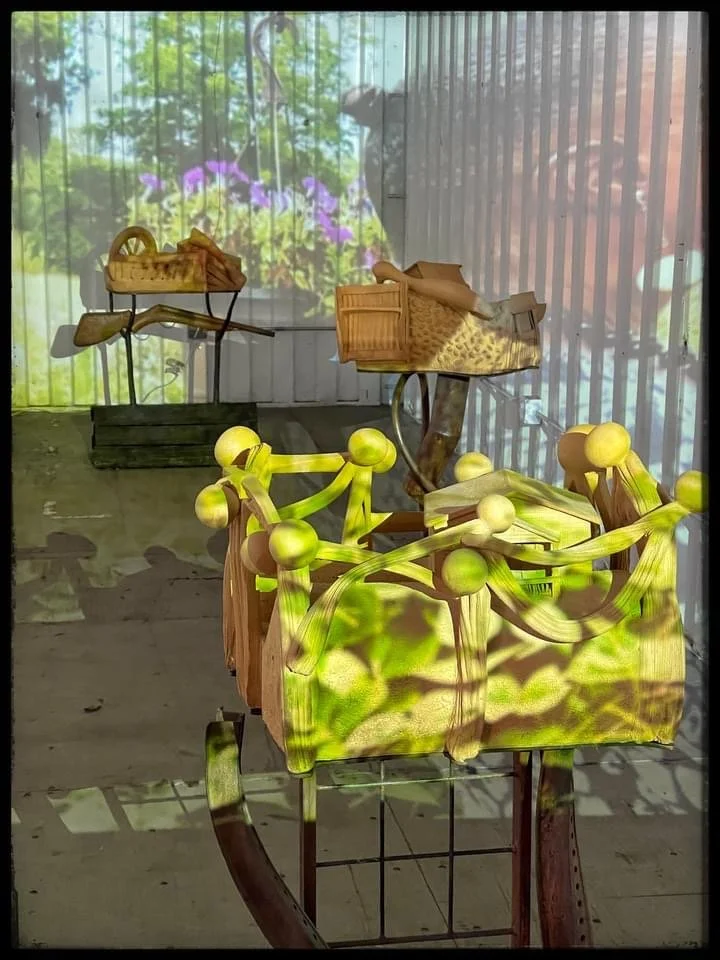 “Remembering the Farms” Installation 2021, Cargo container with steel and ceramic sculptures, projected images, 40x8x8ft Cherry Street Pier, Philadelphia, Pa