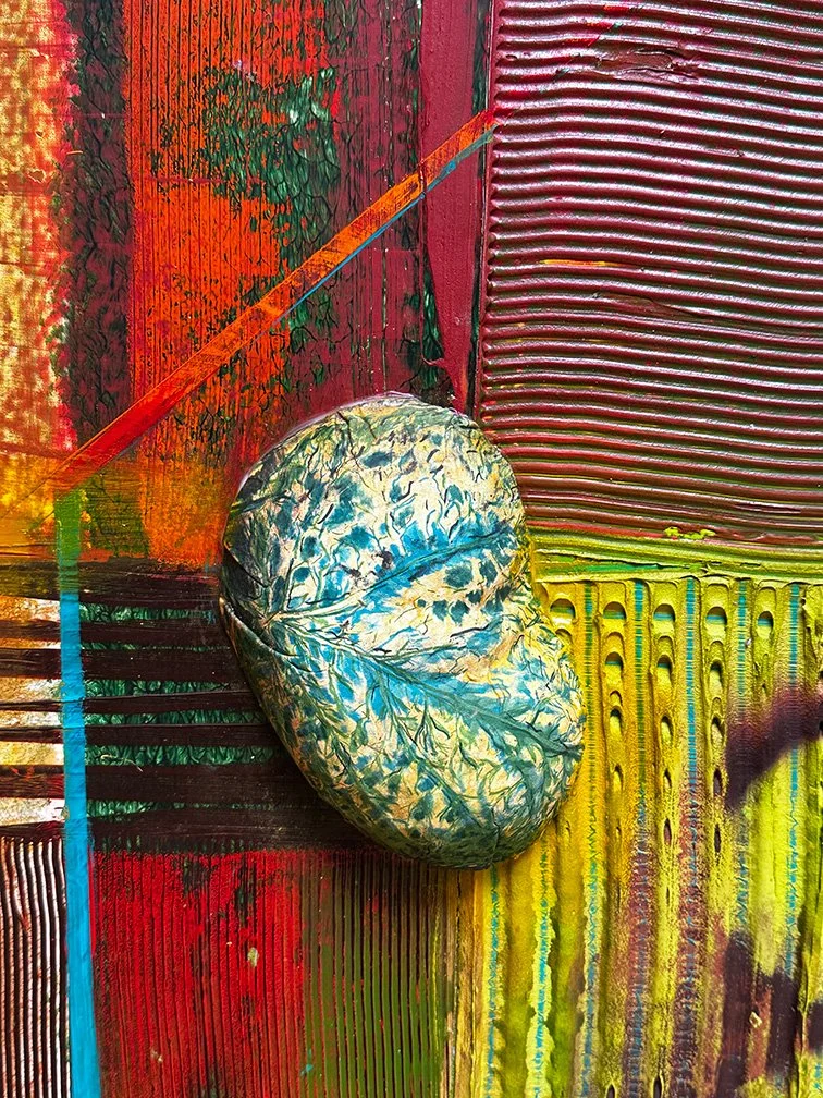 Gingko Mother Pin 4 (detail)  65 x 51 x 5 inches, 2025 Aluminum, clay, lithograph, molding paste