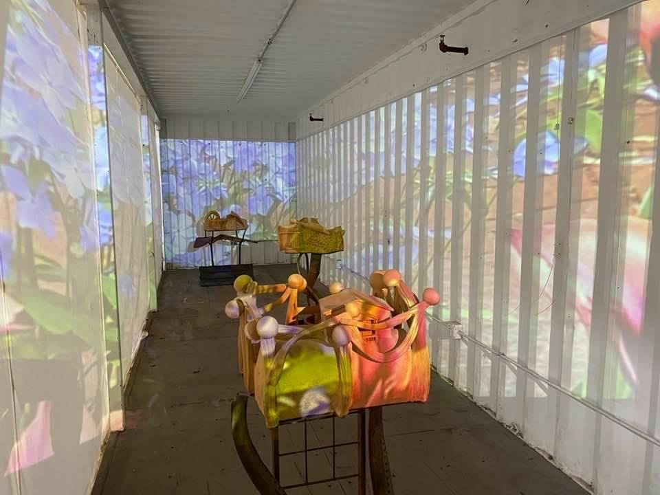 “Remembering the Farms” Installation 2021, Cargo container with steel and ceramic sculptures, projected images, 40x8x8ft Cherry Street Pier, Philadelphia, Pa