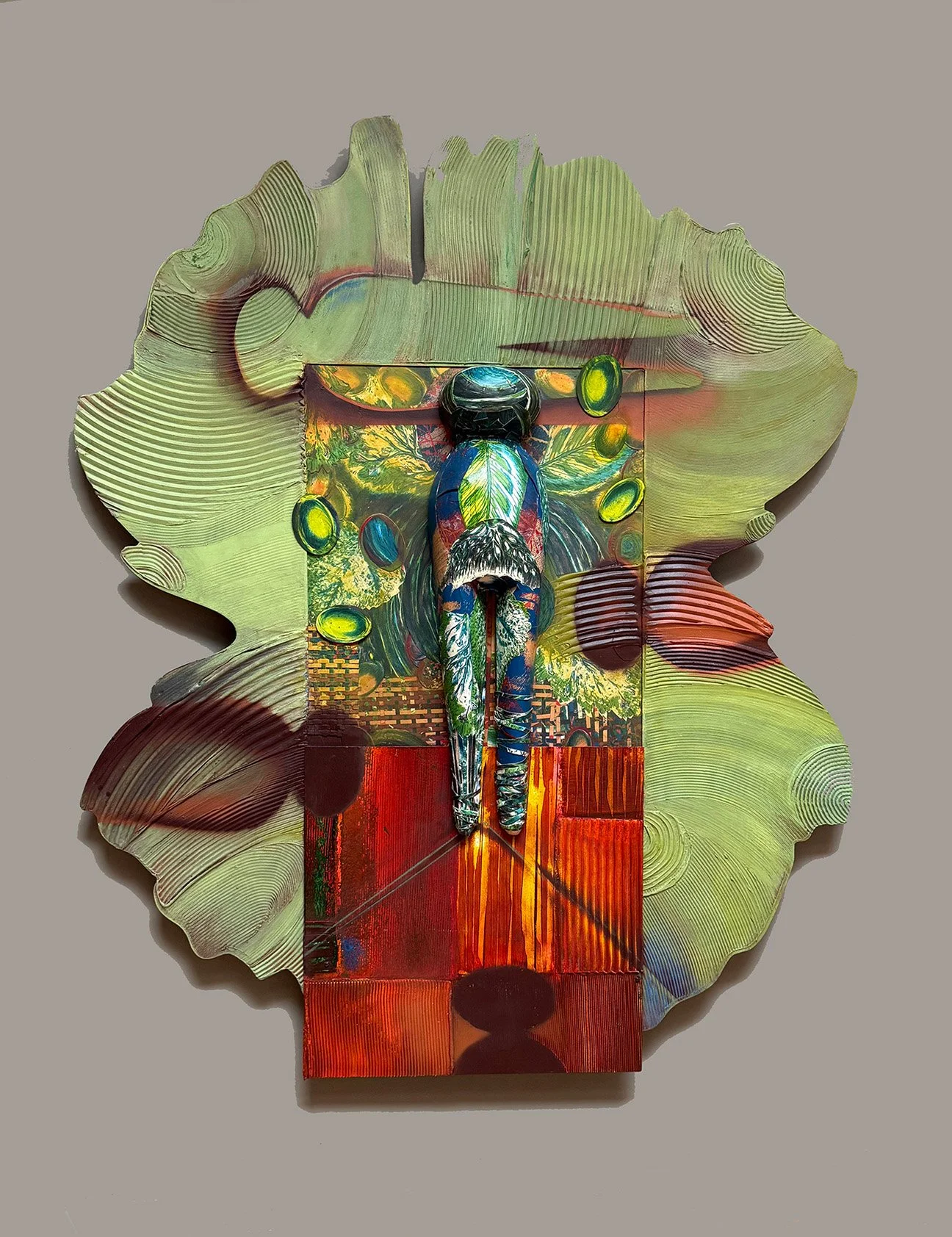  Gingko Mother Pin 3  60 x 51 x 8 inches, 2025 Aluminum, clay, lithograph, molding paste