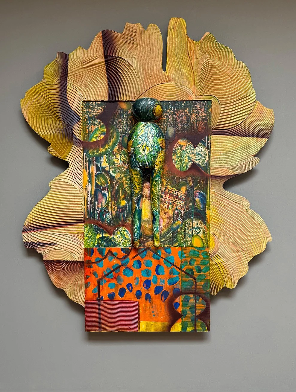  Gingko Mother Pin 2  60 x 51 x 5 inches, 2025 Aluminum, clay, lithograph, molding paste