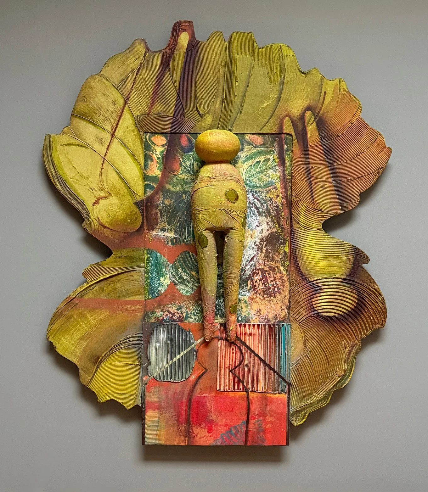  Gingko Mother Pin 1  61 x 51 x 5 inches, 2025 Aluminum, clay, lithograph, molding paste
