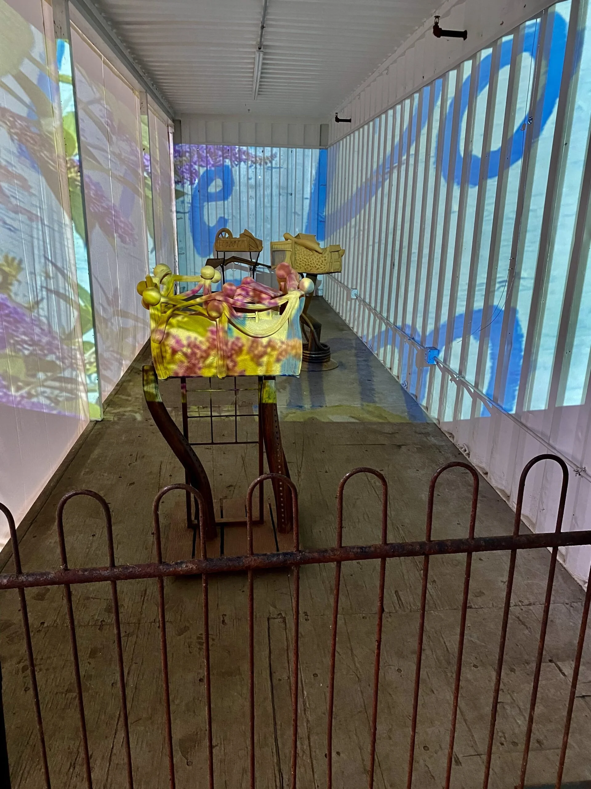 “Remembering the Farms” Installation 2021, Cargo container with steel and ceramic sculptures, projected images, 40x8x8ft Cherry Street Pier, Philadelphia, Pa