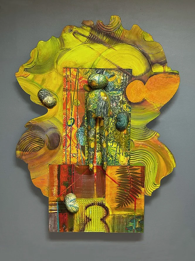  Gingko Mother Pin 4  65 x 51 x 5 inches, 2025 Aluminum, clay, lithograph, molding paste