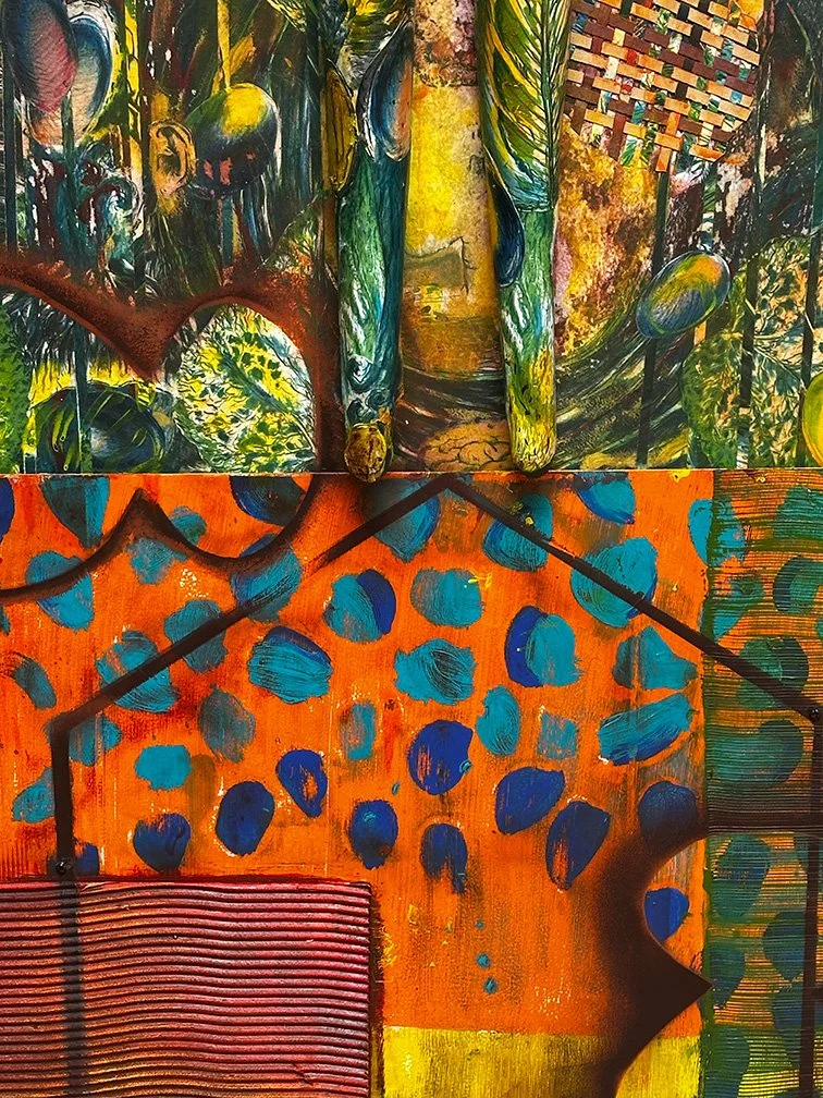  Gingko Mother Pin 1 (detail)  61 x 51 x 5 inches, 2025 Aluminum, clay, lithograph, molding paste