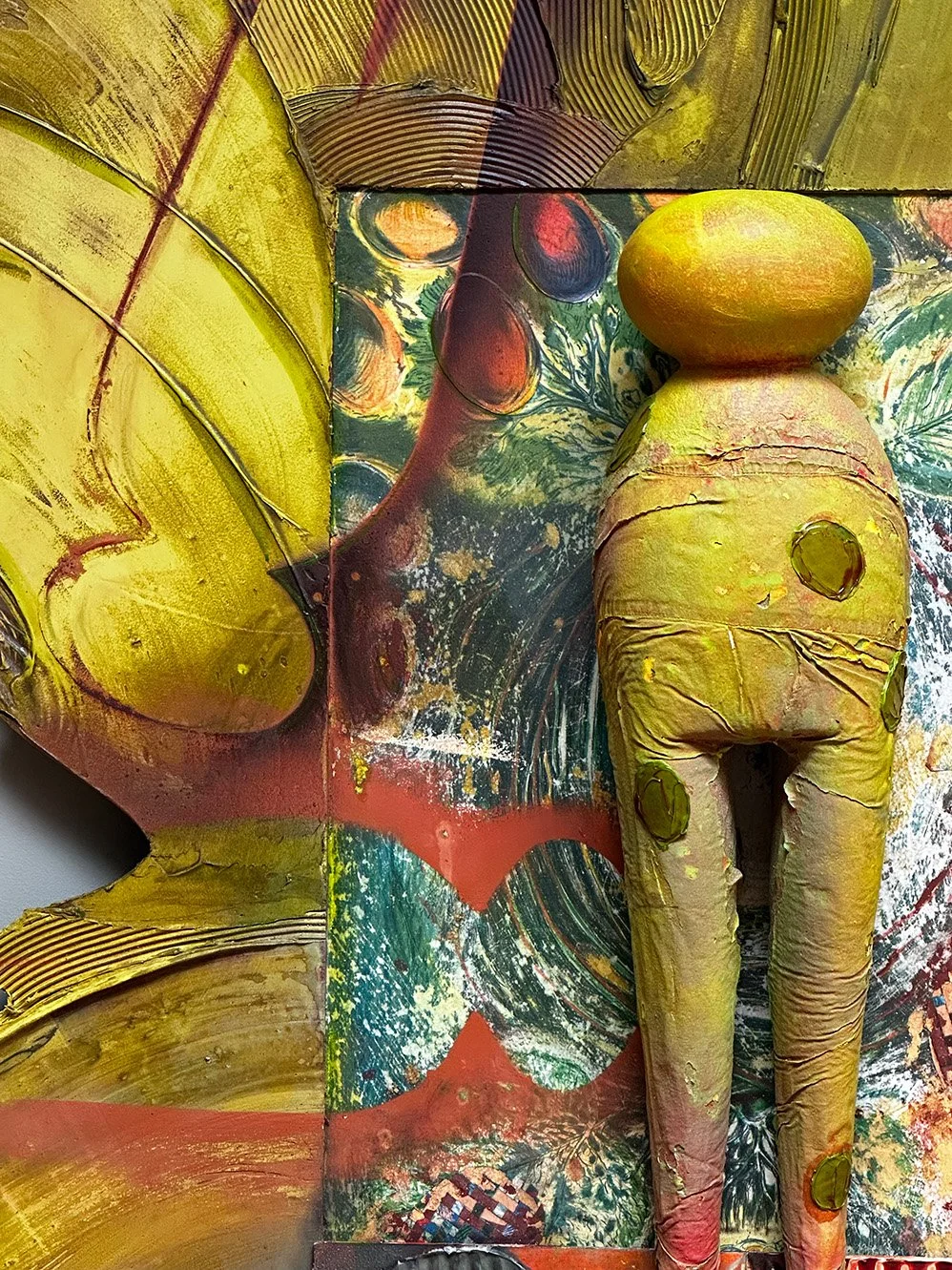  Gingko Mother Pin 1 (detail)  61 x 51 x 5 inches, 2025 Aluminum, clay, lithograph, molding paste