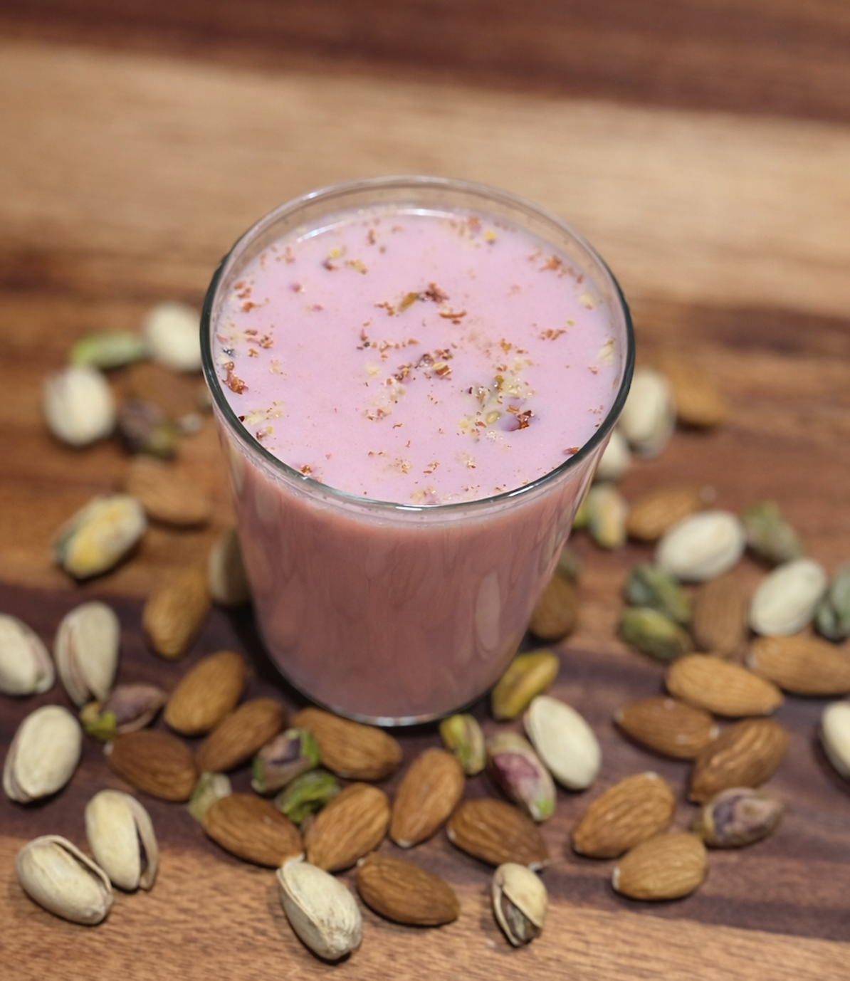 A glass of pink pistachio-flavored dessert or milkshake on a wooden surface, surrounded by scattered shelled pistachios and almonds.