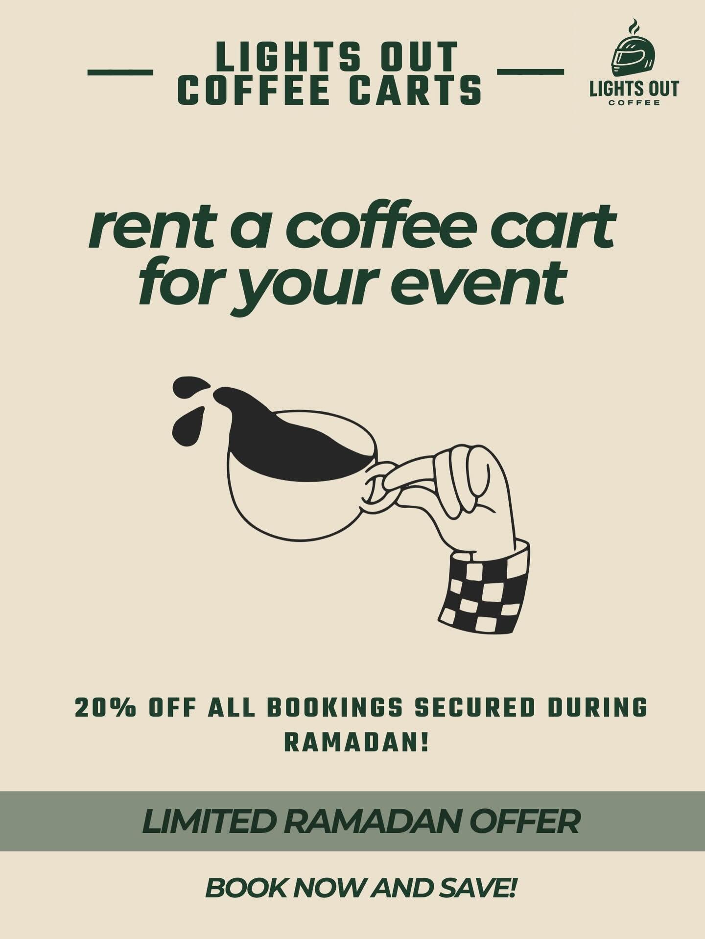 This Ramadan, we&rsquo;re honoring the season of giving 🤍🌙

Secure your Lights Out Coffee Cart during Ramadan and receive 20% OFF your booking.

The vibe. The experience. The detail your guests will remember ☕✨

Limited promotion. Limited dates.

I