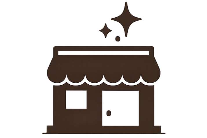 A simple, stylized icon of a small storefront with a scalloped awning, a door, and a window, with sparkles above indicating cleanliness or magic.