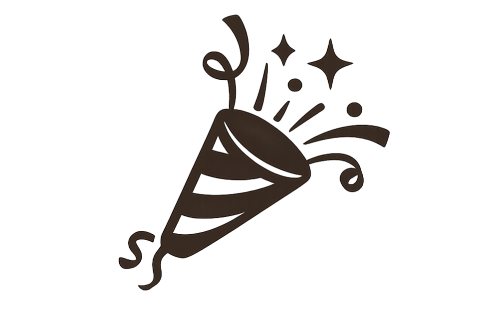 Simplified black line drawing of a party horn with confetti and sparkles coming out.