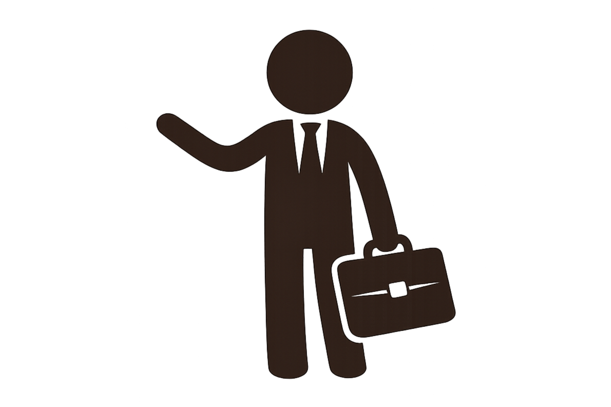 Icon of a person in a business suit holding a briefcase, waving.