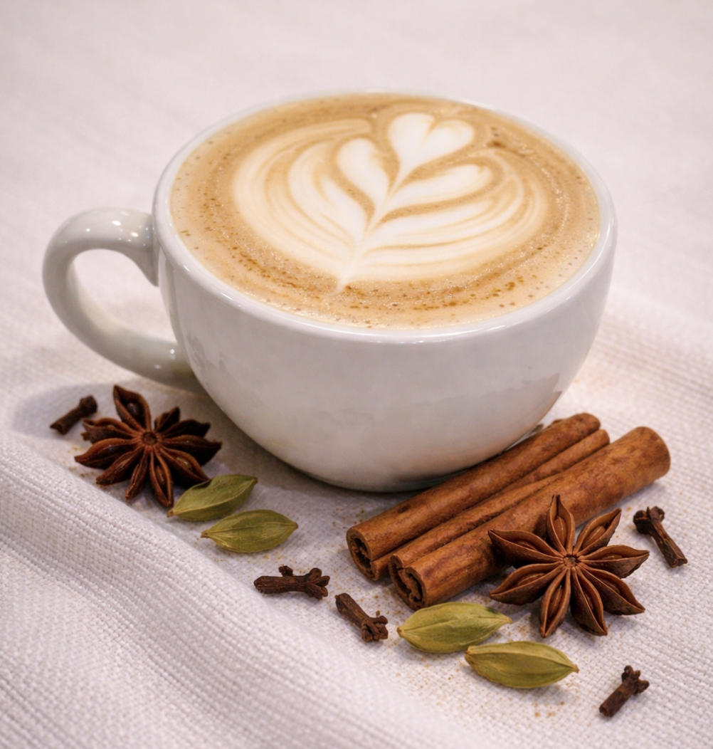 A white ceramic cup filled with latte with heart-shaped foam art. Surrounding the cup are cinnamon sticks, star anise, green cardamom pods, and cloves, set on a white cloth surface.