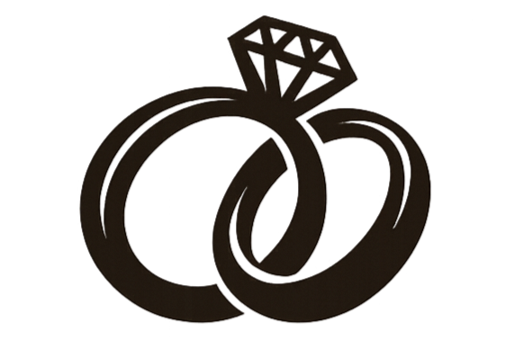 Silhouette of two overlapping rings, one with a diamond on top, representing engagement and wedding rings.