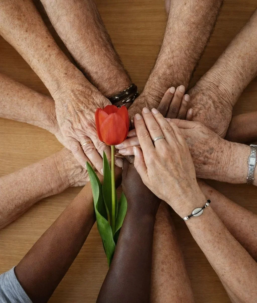 Mehrere Menschen unterschiedlicher Hautfarben legen ihre Hände auf einen Holztisch, in der Mitte liegt eine rote Tulpe.