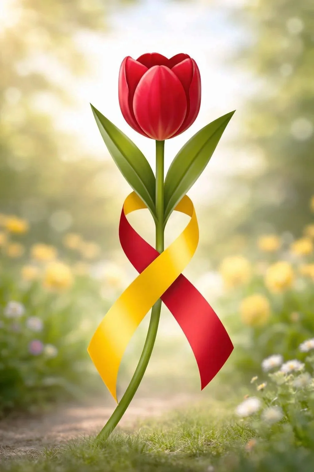 Eine rote Tulpe mit grünen Blättern, umwickelt mit einem roten und gelben Band, im Hintergrund ein Blumengarten mit Sonnenlicht.