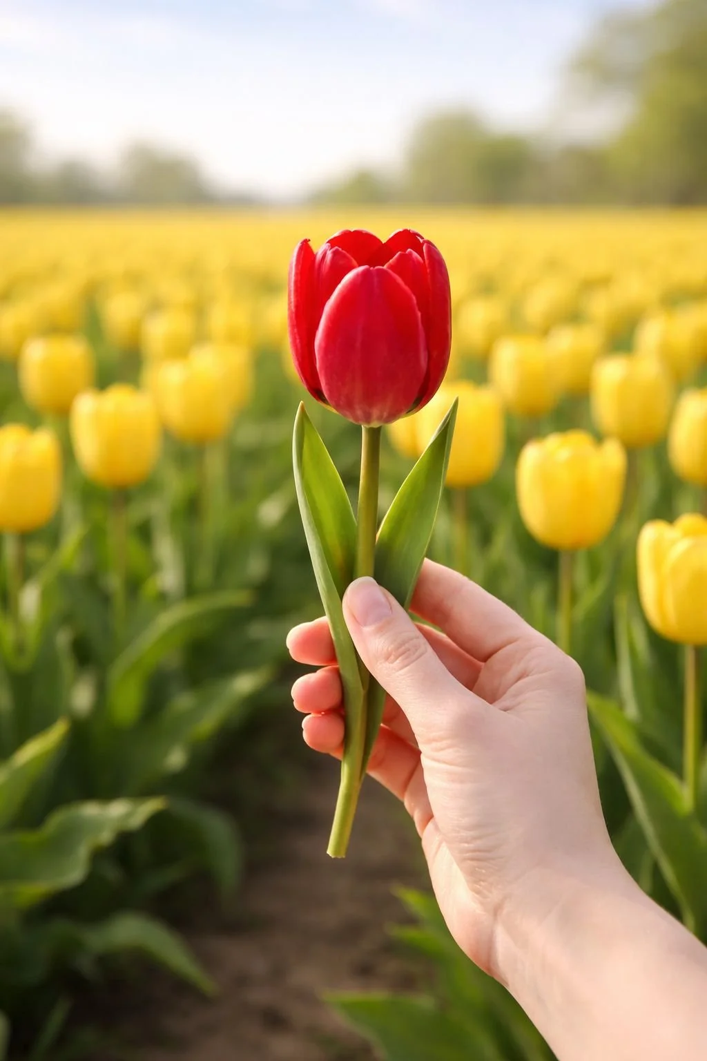 Eine Hand hält eine rote Tulpe vor einem Feld voller gelber Tulpen im Sonnenlicht.